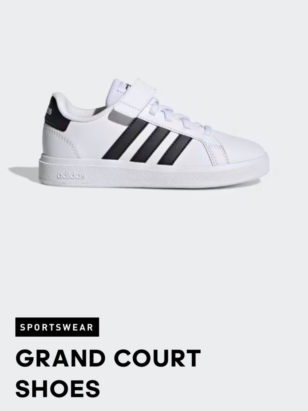 adidas Grand Court 2.0 Kids Shoes - White with Black Stripes